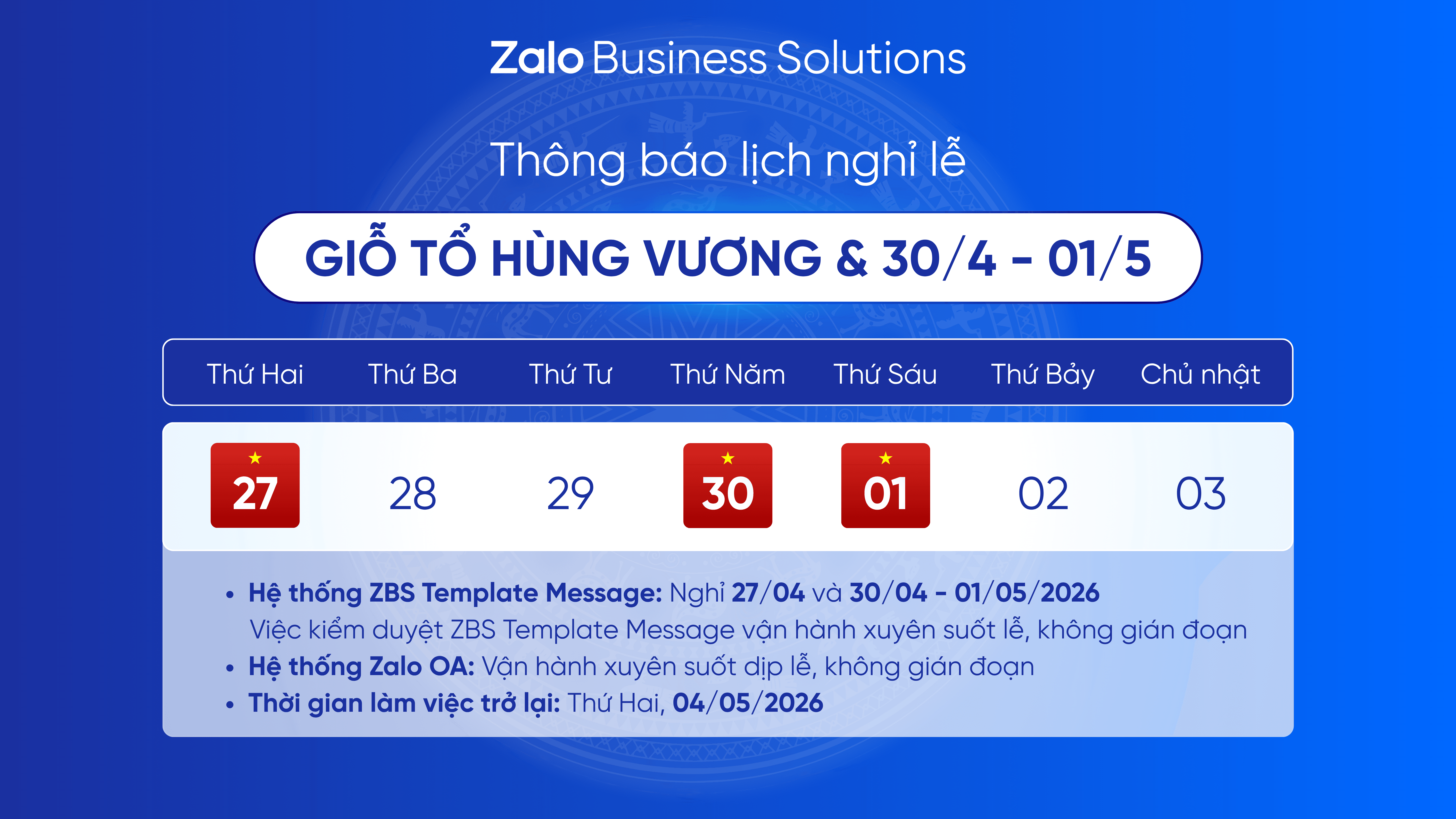 THÔNG BÁO LỊCH NGHỈ LỄ GIỖ TỔ HÙNG VƯƠNG VÀ 30/4 - 1/5