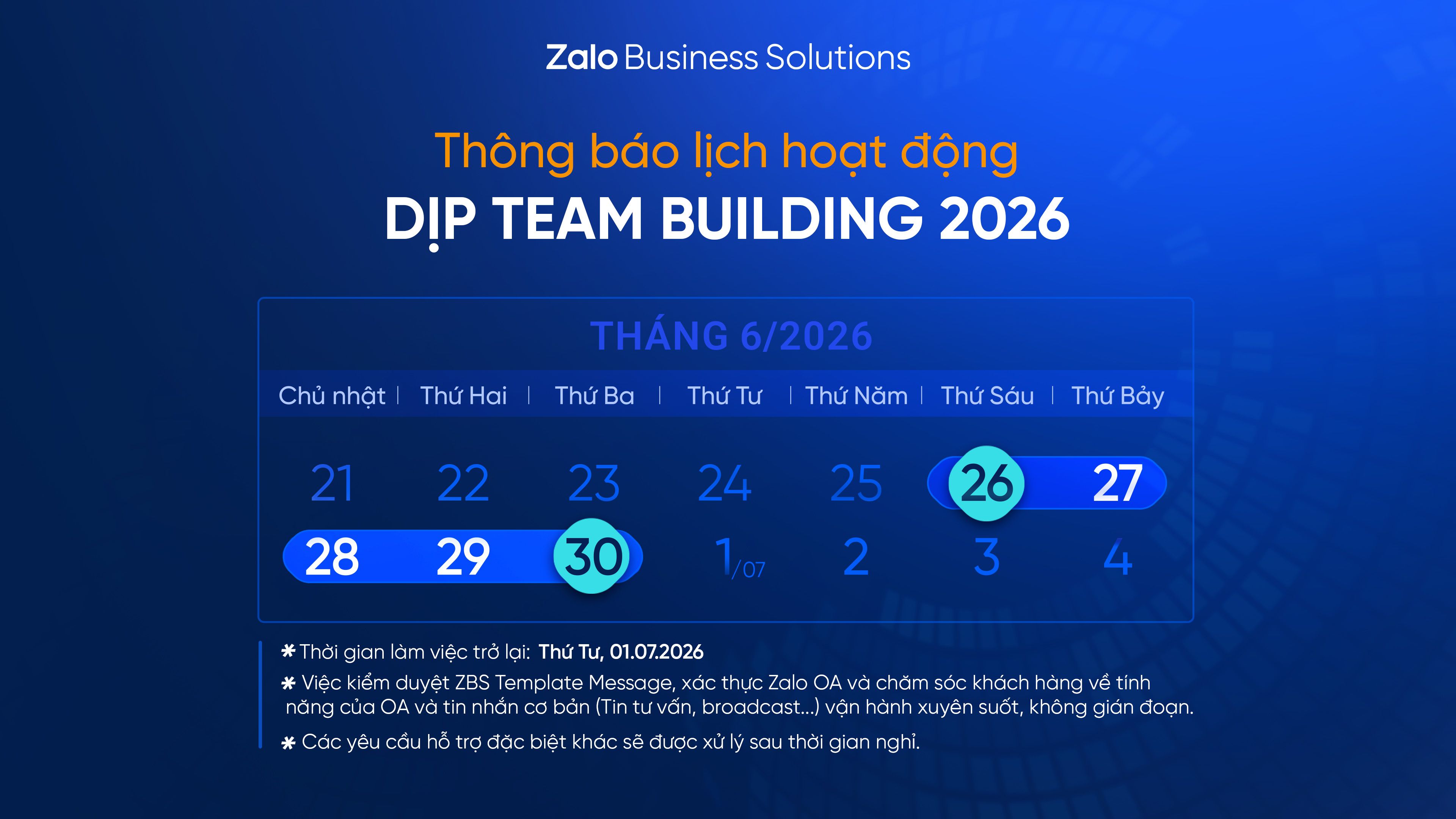 THÔNG BÁO LỊCH HOẠT ĐỘNG DỊP TEAM BUILDING 2026