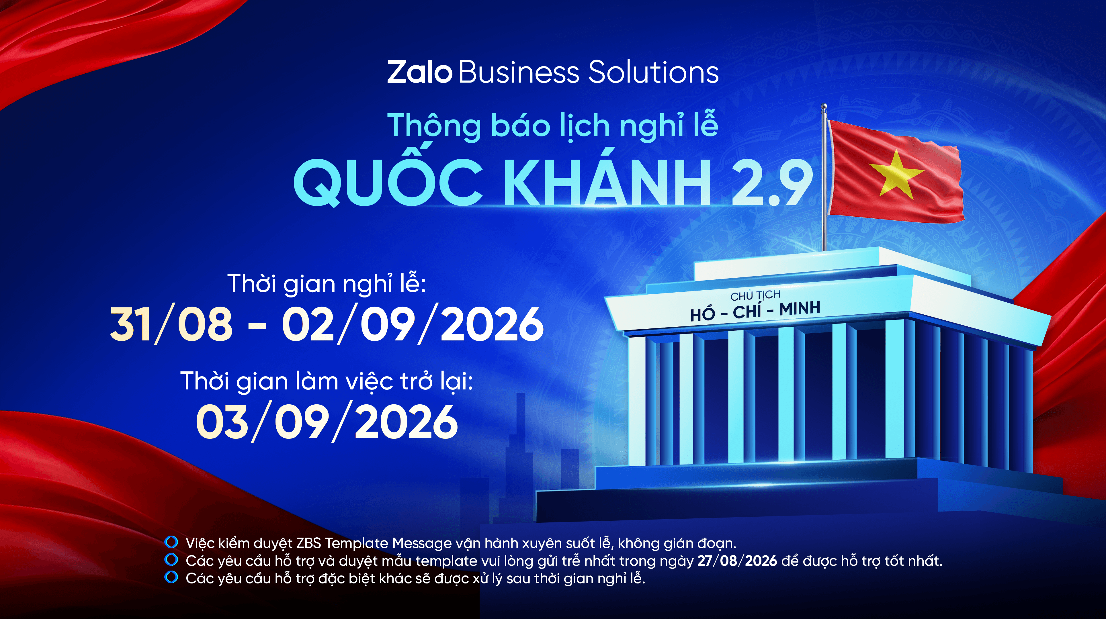 Thông báo lịch hoạt động dịp lễ Quốc Khánh 02/09/2026