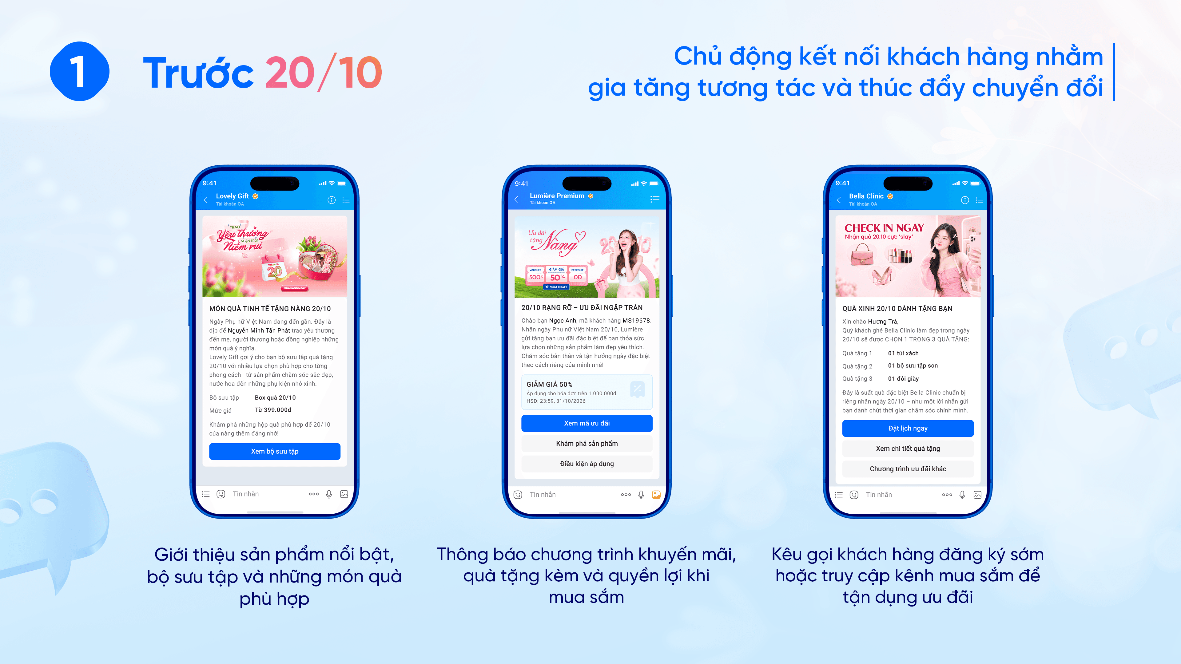 Mẫu tin ZBS trước 20/10 minh họa giới thiệu quà tặng, ưu đãi mua sắm và lời mời đặt lịch