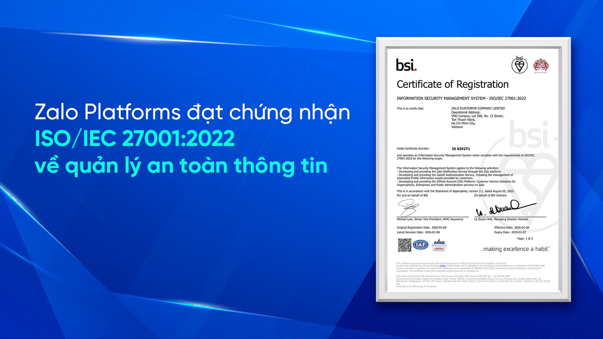 Chứng nhận ISO/IEC 27001:2022 về quản lý an toàn thông tin cho Zalo Platforms 