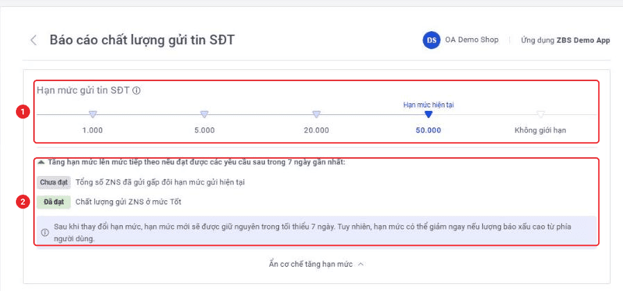 Báo cáo chất lượng gửi tin SĐT với thang hạn mức và cơ chế tăng hạn mức