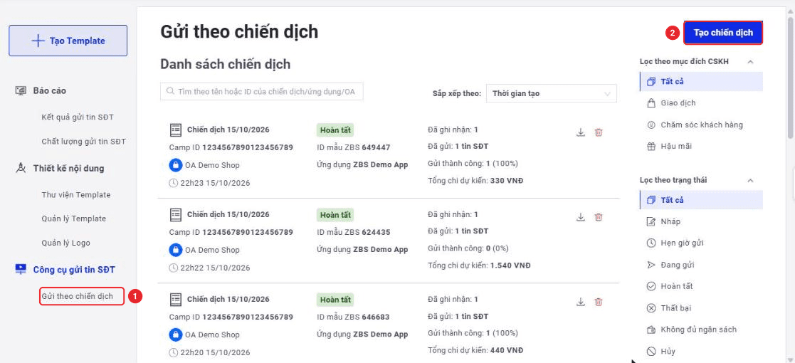 Trang Gửi theo chiến dịch với danh sách chiến dịch và nút Tạo chiến dịch