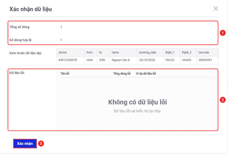 Hộp thoại Xác nhận dữ liệu với số dòng hợp lệ và dữ liệu lỗi