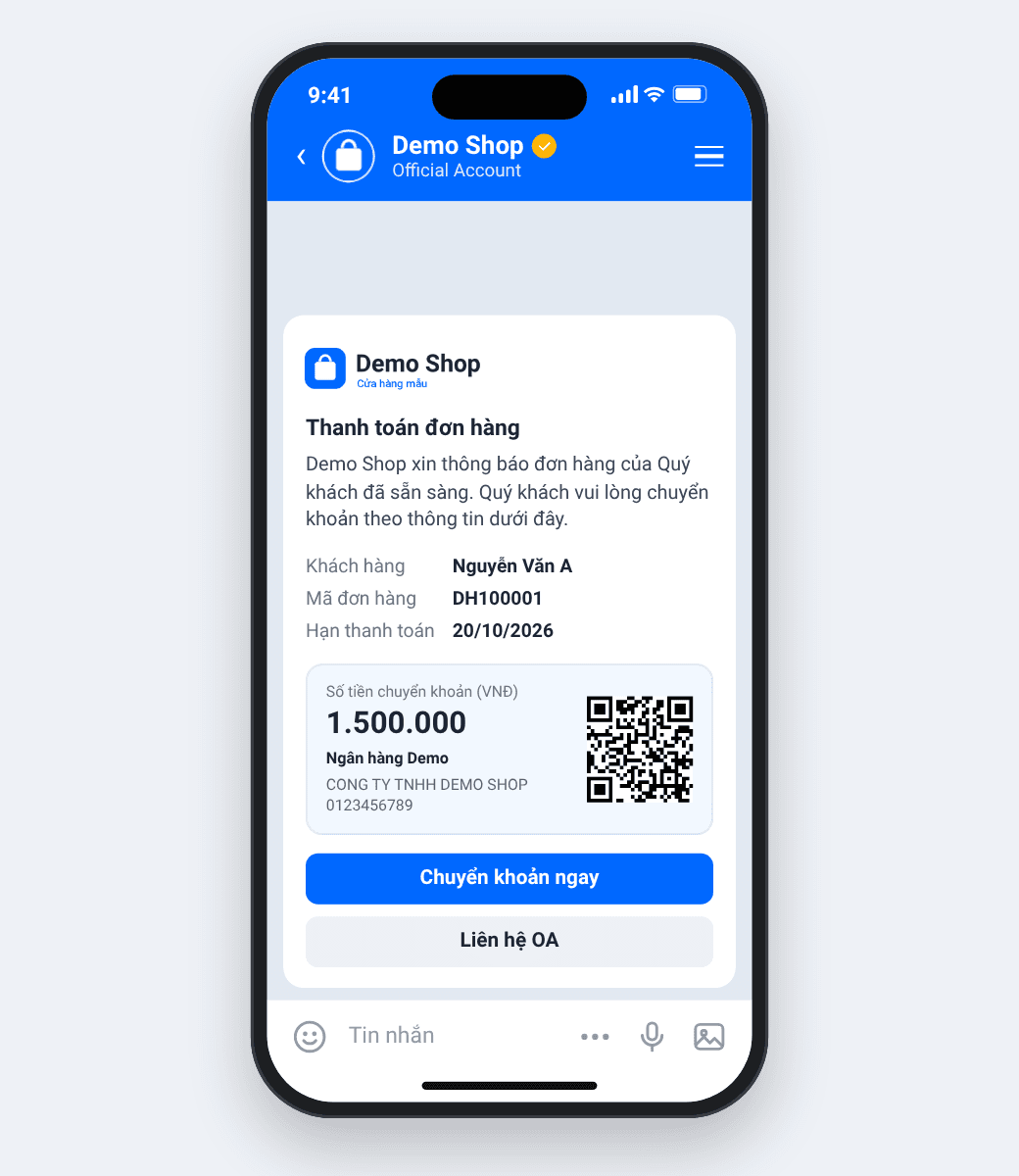 Tin Mẫu yêu cầu chuyển khoản của Demo Shop với bảng thông tin đơn hàng, thẻ thanh toán có mã QR và nút Chuyển khoản ngay