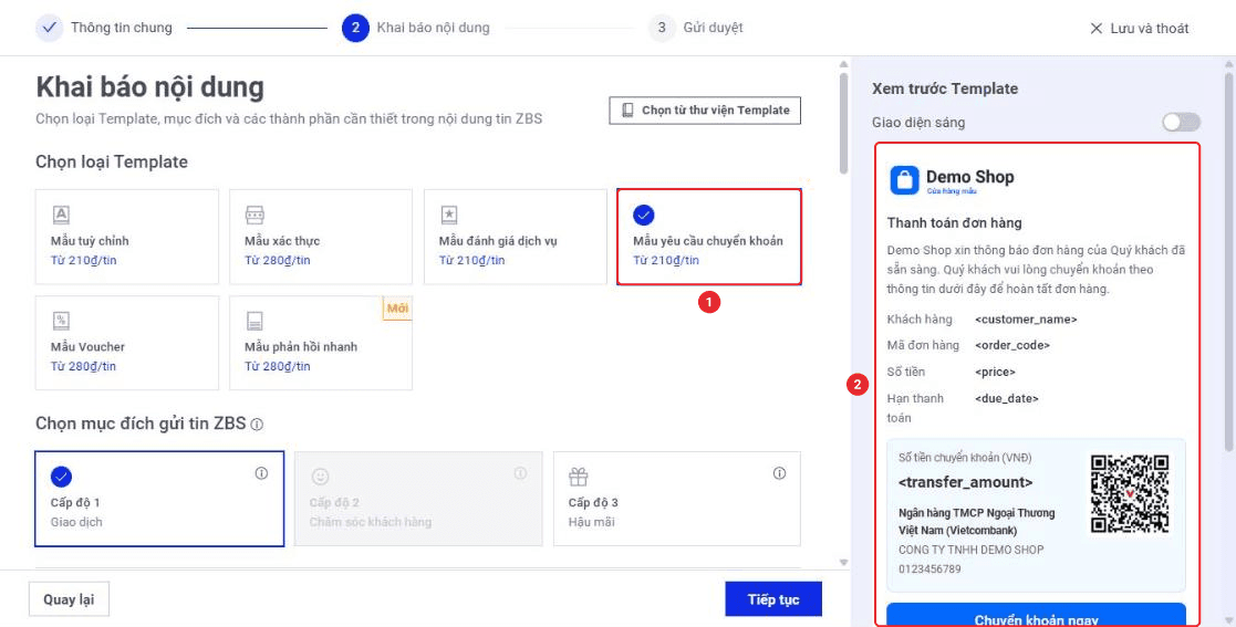 Màn hình Khai báo nội dung với loại Mẫu yêu cầu chuyển khoản được chọn và khung Xem trước Template