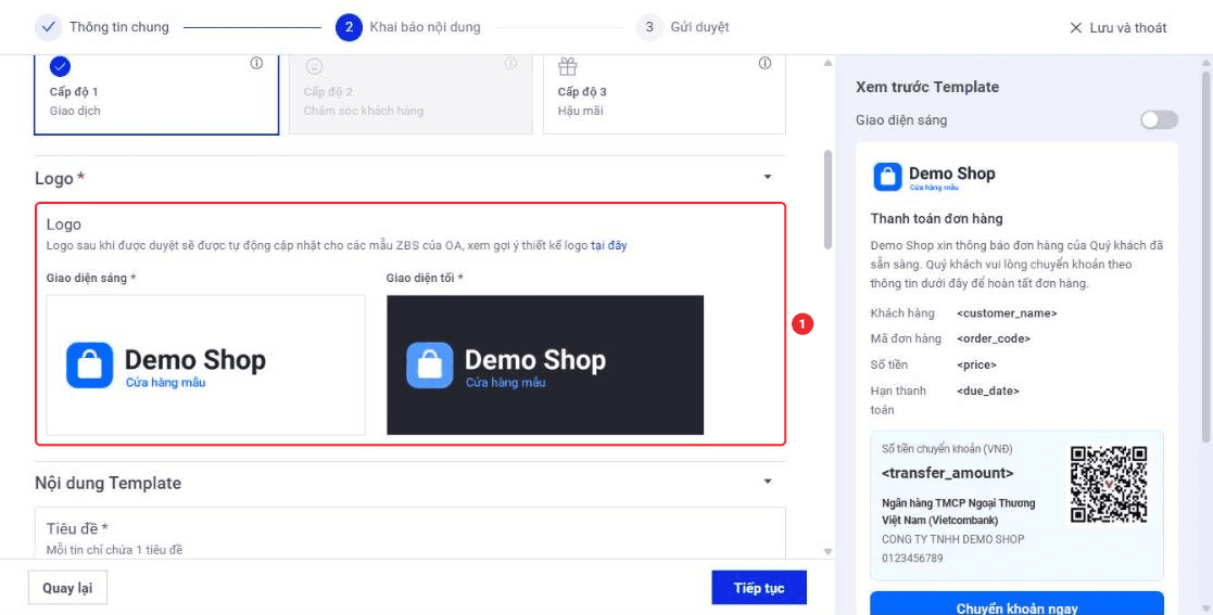 Khu vực Logo với logo Demo Shop ở giao diện sáng và giao diện tối