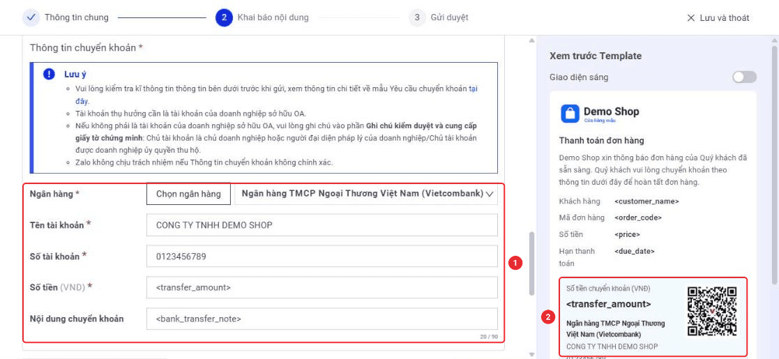 Mục Thông tin chuyển khoản với Ngân hàng, Tên tài khoản, Số tài khoản, Số tiền, Nội dung chuyển khoản và thẻ thanh toán trong khung xem trước
