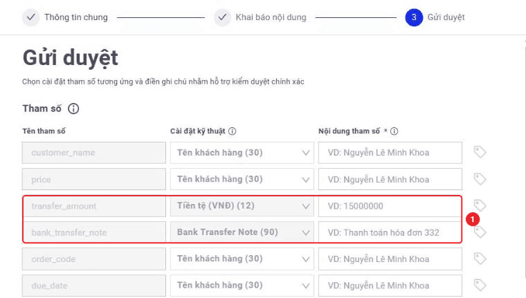 Bảng tham số ở bước Gửi duyệt với transfer_amount cài đặt Tiền tệ (VNĐ) và bank_transfer_note cài đặt Bank Transfer Note