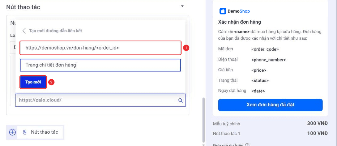 Tạo mới đường dẫn liên kết có tham số order_id trong nút thao tác