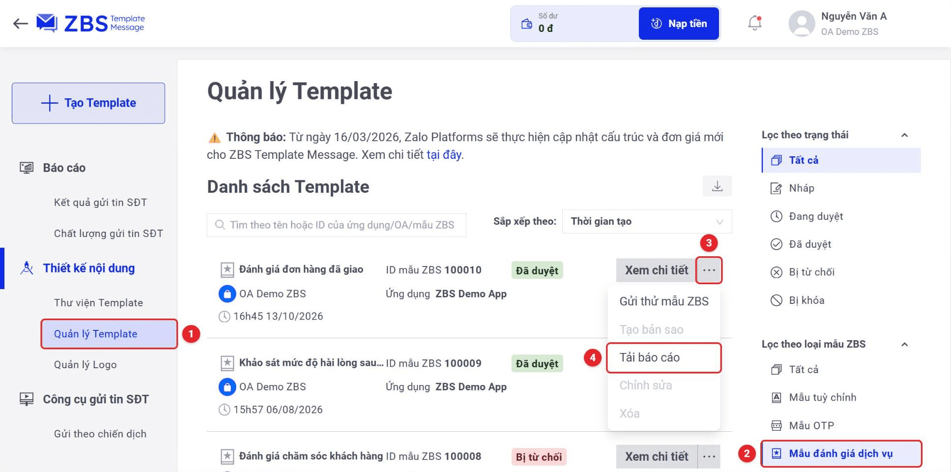 Trang Quản lý Template đã lọc Mẫu đánh giá dịch vụ, đánh số menu Quản lý Template, bộ lọc, nút ba chấm và mục Tải báo cáo