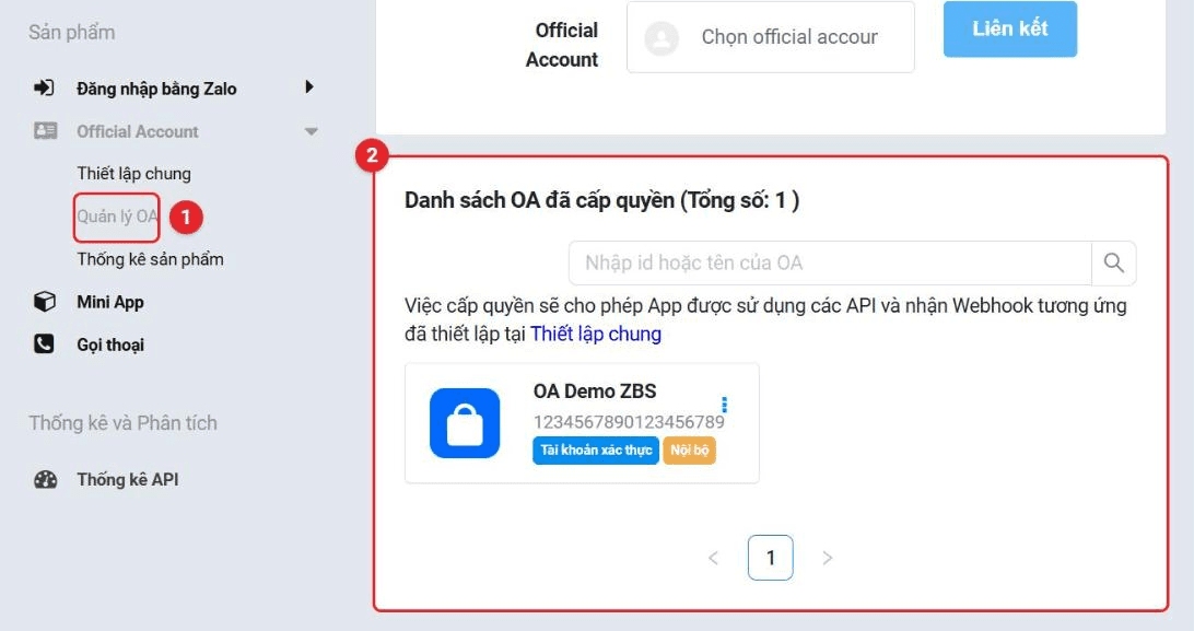 Trang Quản lý OA trên Zalo for Developers, đánh dấu menu Quản lý OA và mục Danh sách OA đã cấp quyền
