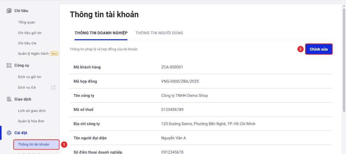 Trang Thông tin tài khoản ZBS với nút Chỉnh sửa