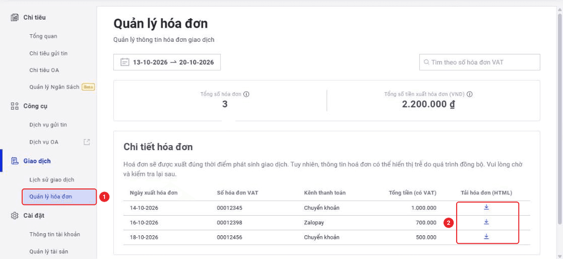 Trang Quản lý hoá đơn trên tài khoản ZBS
