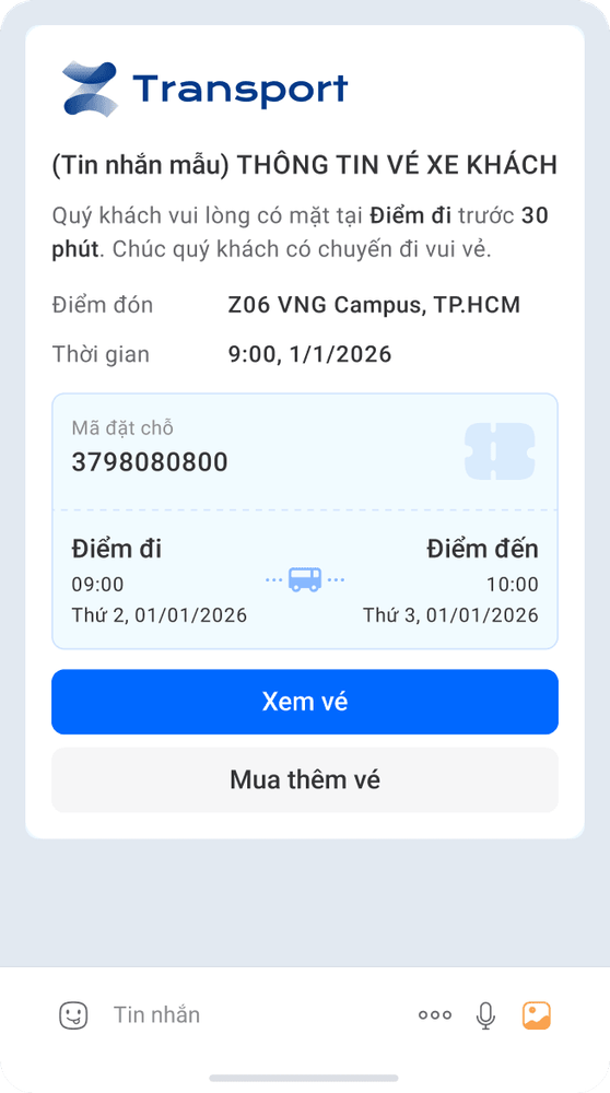 Mẫu tin Zalo thông tin vé xe có điểm đón giờ khởi hành mã đặt chỗ và nút xem vé