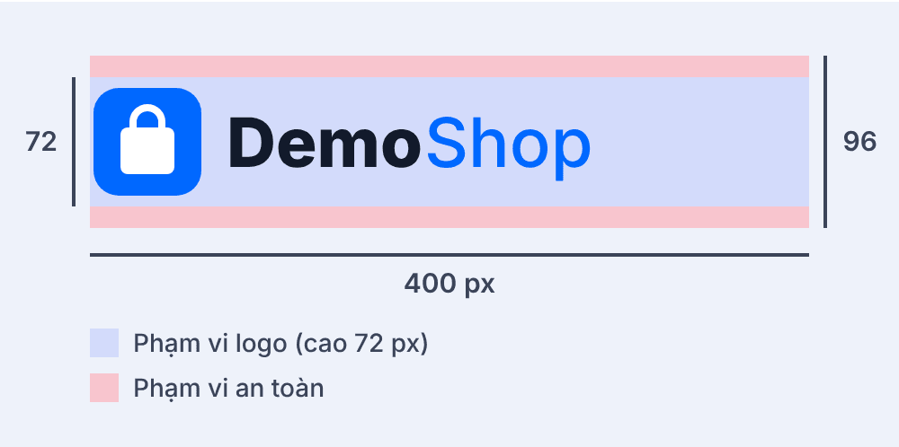 Kích thước logo 400 × 96 px với phạm vi logo và phạm vi an toàn