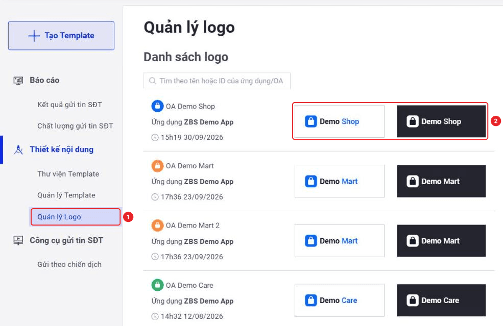 Trang Quản lý logo với danh sách logo theo OA và Ứng dụng