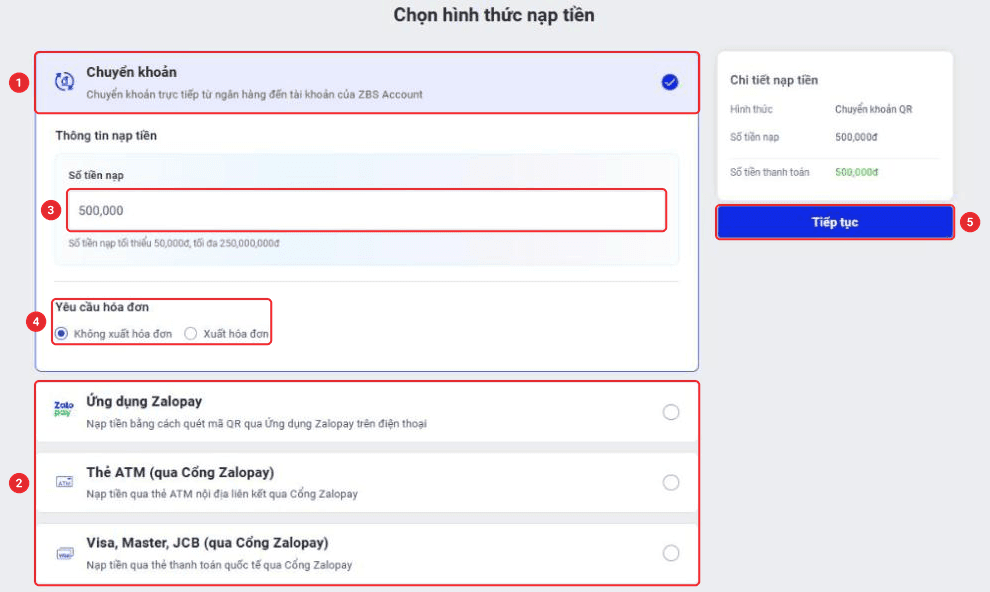 Trang Chọn hình thức nạp tiền với số tiền nạp và yêu cầu hoá đơn