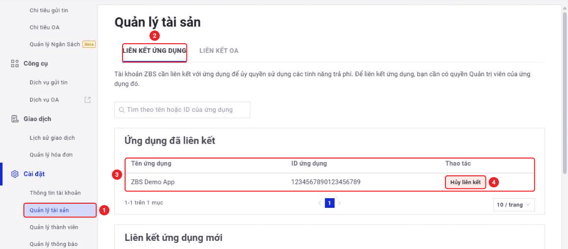Trang Quản lý tài sản, tab Liên kết ứng dụng với danh sách ứng dụng đã liên kết