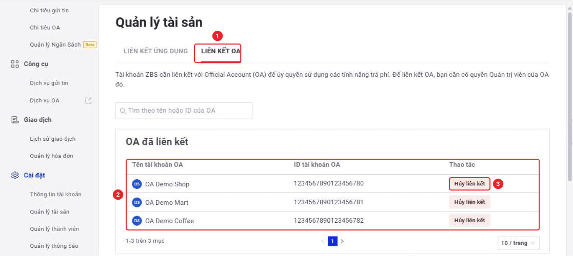 Trang Quản lý tài sản, tab Liên kết OA với danh sách OA đã liên kết