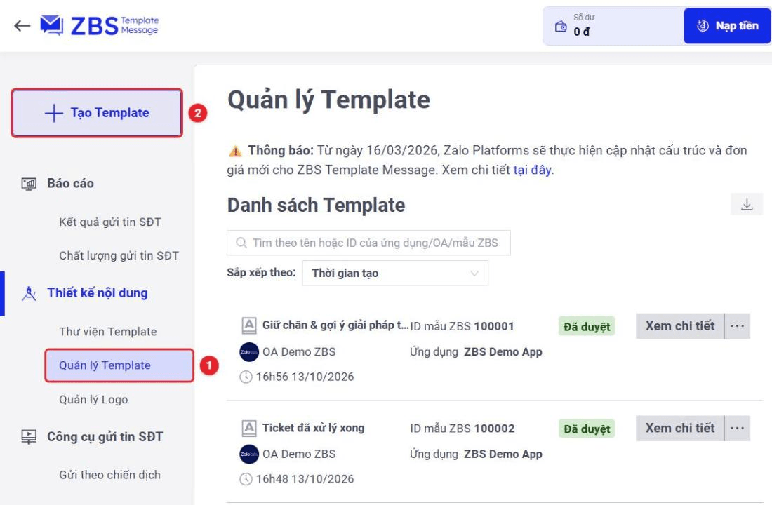 Trang Quản lý Template với nút Tạo Template