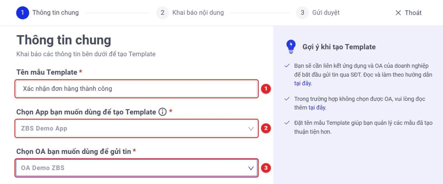 Màn hình Thông tin chung với 3 trường Tên mẫu, Ứng dụng và OA được đánh số