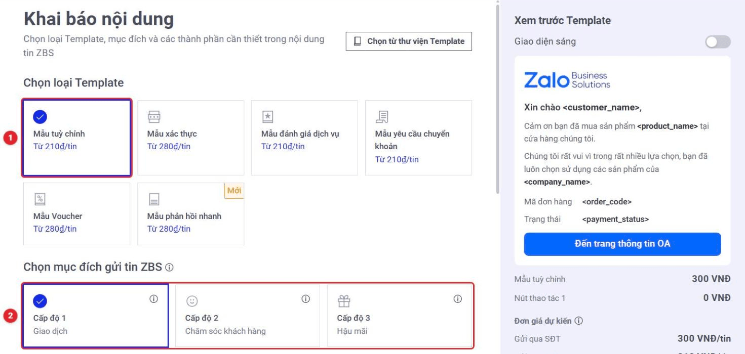 Chọn loại Template là Mẫu tuỳ chỉnh và chọn mục đích gửi tin