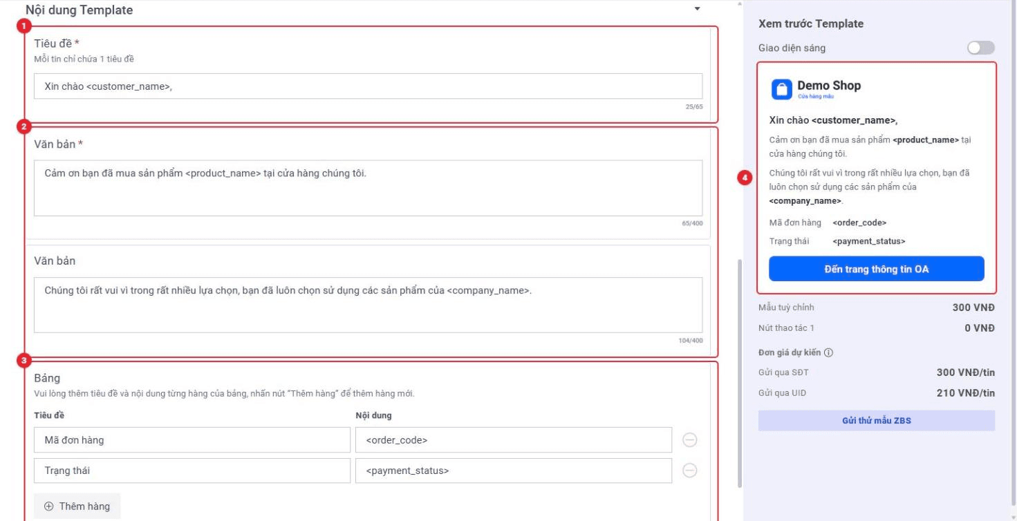 Khu vực Nội dung Template gồm Tiêu đề, Văn bản, Bảng và khung Xem trước