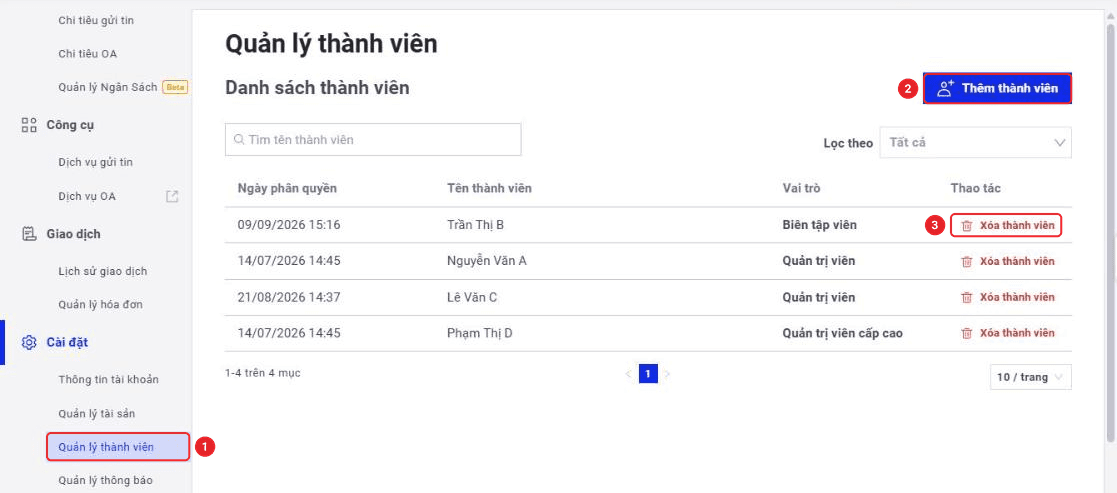 Trang Quản lý thành viên với danh sách thành viên, nút Thêm thành viên và Xóa thành viên