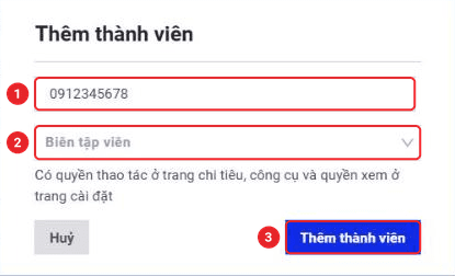 Hộp thoại Thêm thành viên với ô số điện thoại và chọn vai trò