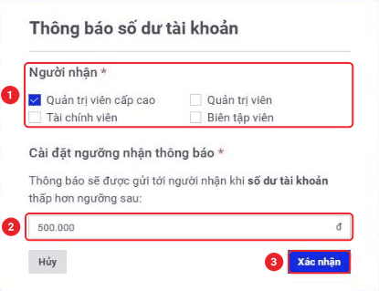 Hộp thoại chỉnh sửa Thông báo số dư tài khoản với người nhận và ngưỡng nhận thông báo
