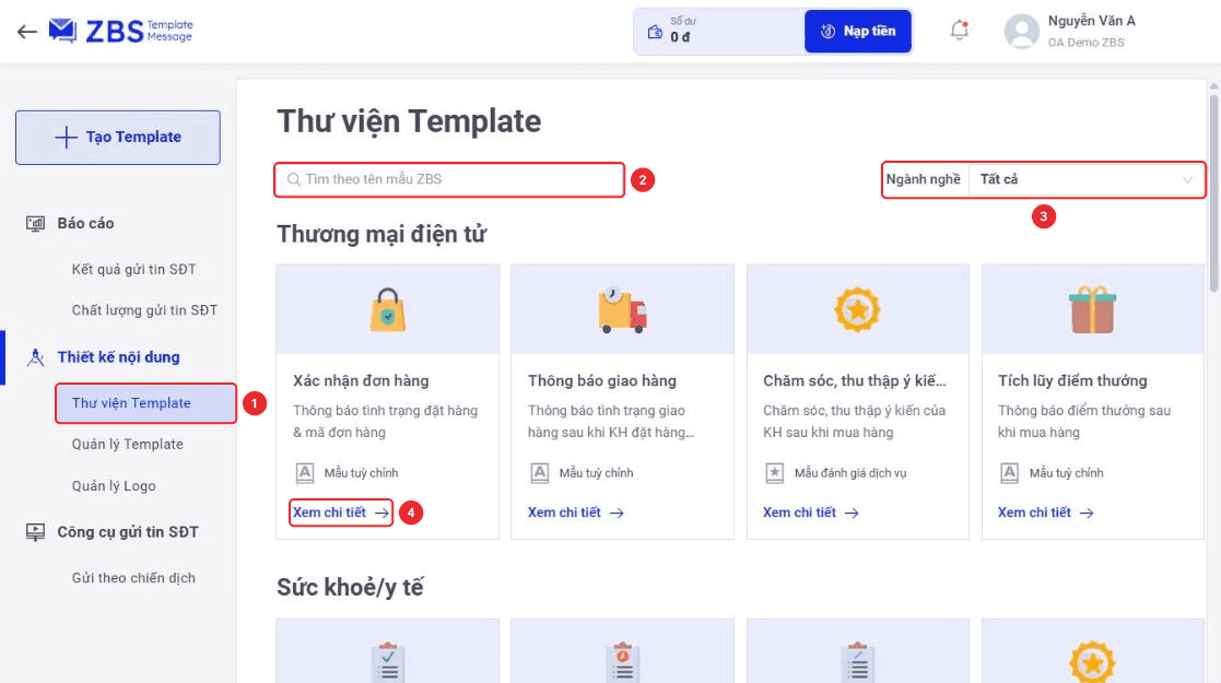 Trang Thư viện Template, đánh số menu Thư viện Template, ô tìm kiếm, bộ lọc Ngành nghề và nút Xem chi tiết