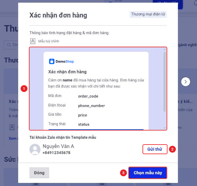 Chi tiết mẫu Xác nhận đơn hàng với khung xem trước, nút Gửi thử và Chọn mẫu này