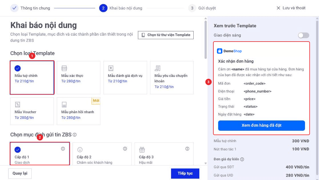 Bước Khai báo nội dung với loại mẫu, mục đích gửi và nội dung được điền sẵn