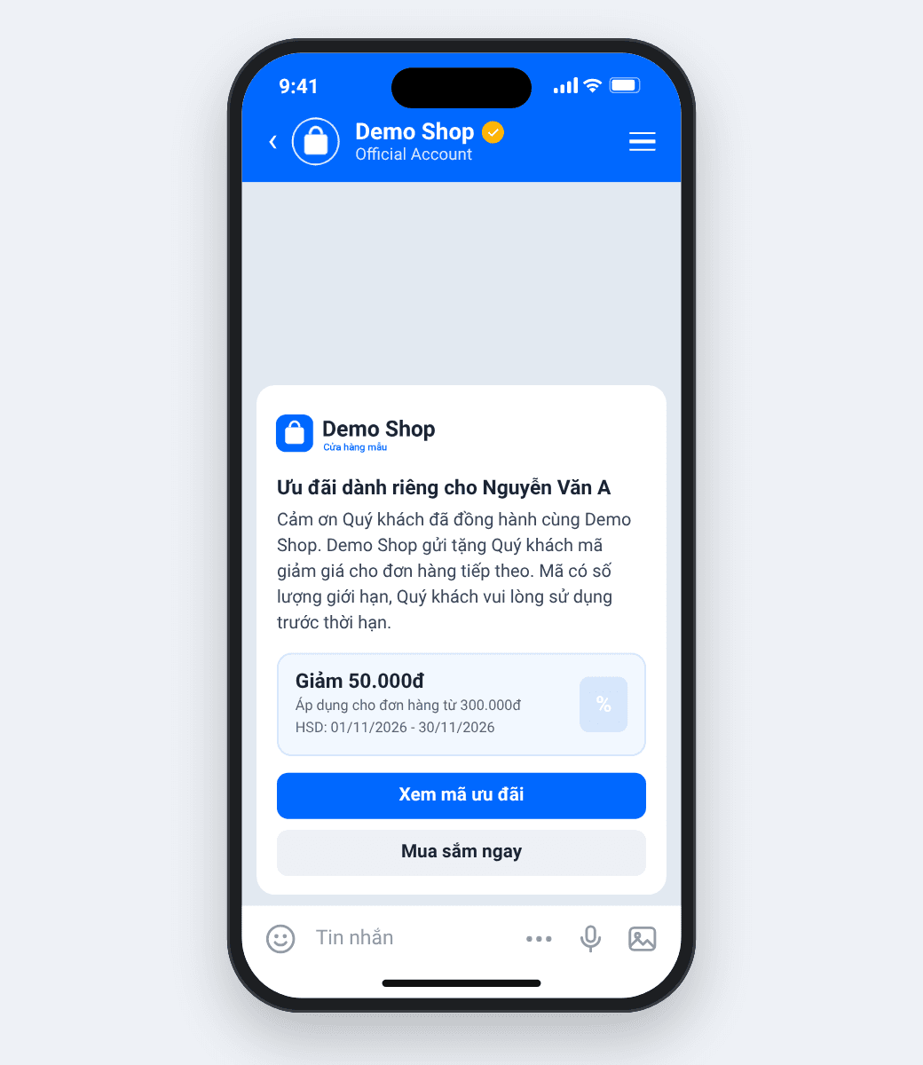 Tin Mẫu Voucher của Demo Shop với thẻ voucher Giảm 50.000đ, điều kiện áp dụng, hạn sử dụng và nút Xem mã ưu đãi