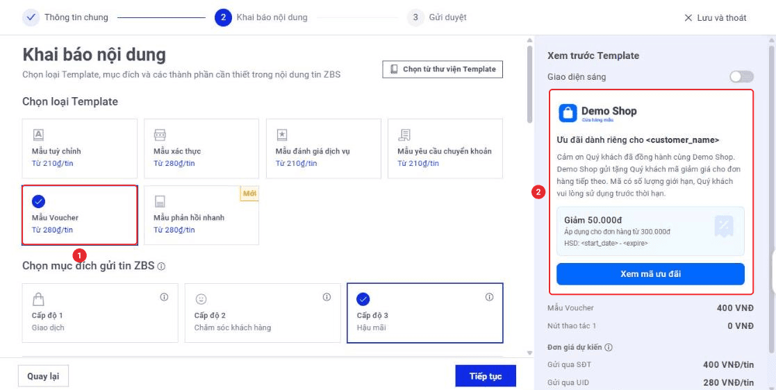 Màn hình Khai báo nội dung với loại Mẫu Voucher được chọn và khung Xem trước Template