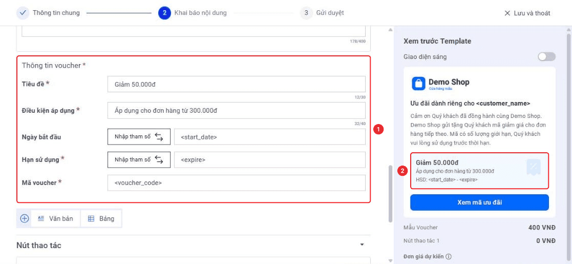 Mục Thông tin voucher với Tiêu đề, Điều kiện áp dụng, Ngày bắt đầu, Hạn sử dụng, Mã voucher và thẻ voucher trong khung xem trước
