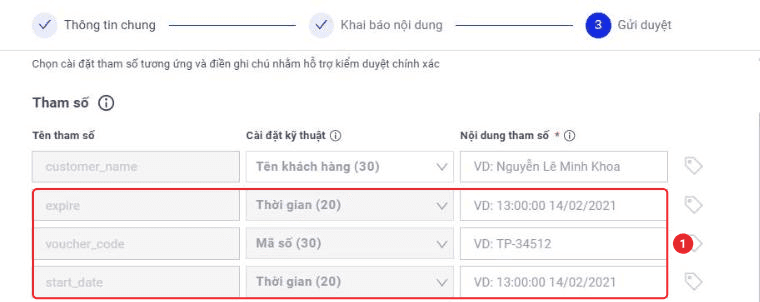 Bảng tham số ở bước Gửi duyệt với expire và start_date cài đặt Thời gian, voucher_code cài đặt Mã số
