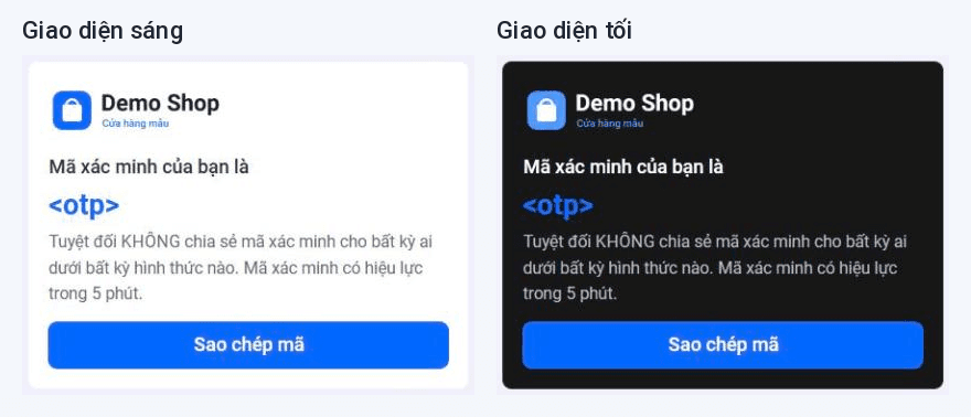 Xem trước Mẫu xác thực ở giao diện sáng và giao diện tối